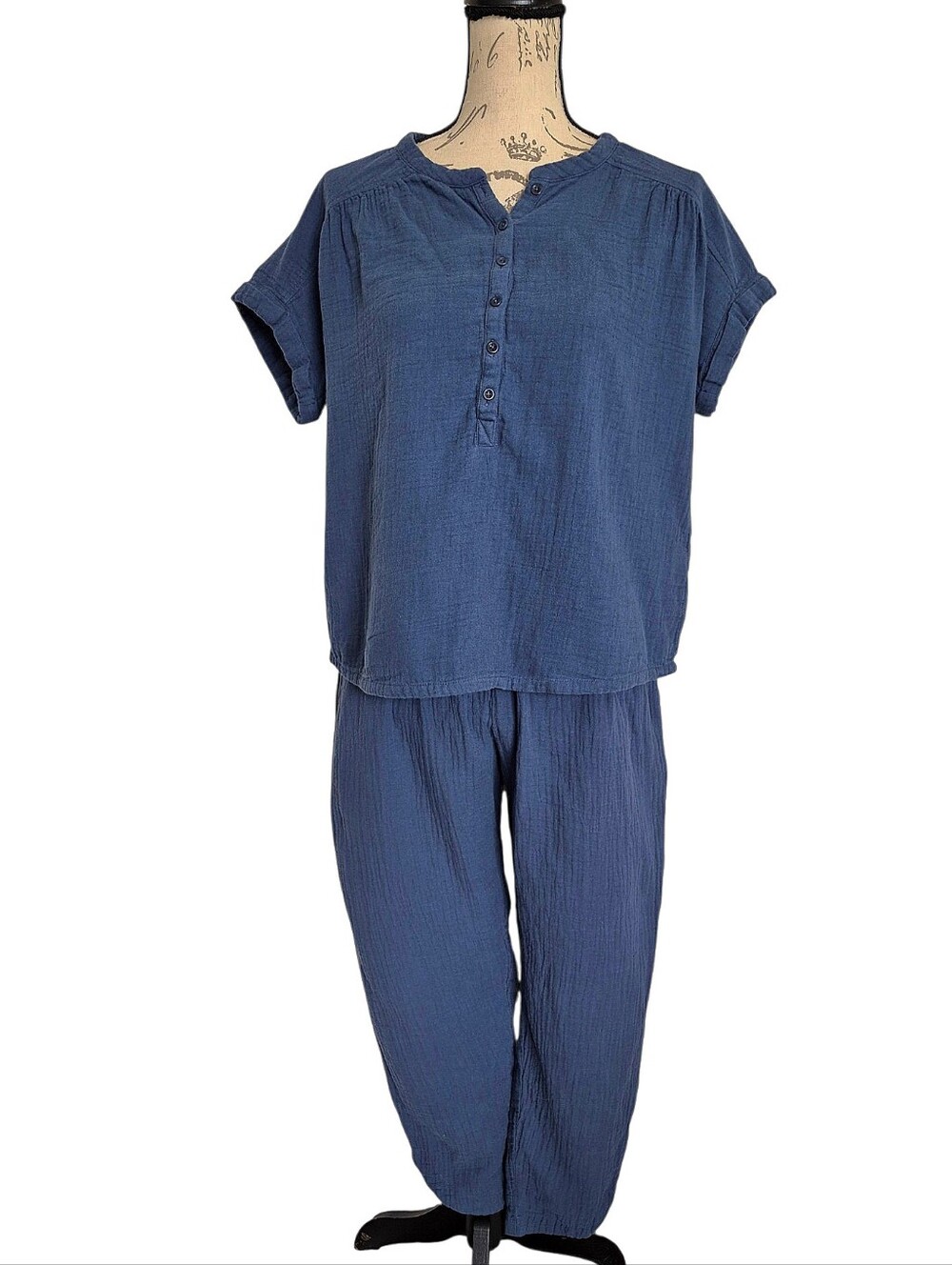 PACT Organic Cotton Coastal Double Gauze popover pants Set Blue XS Lounge Casual